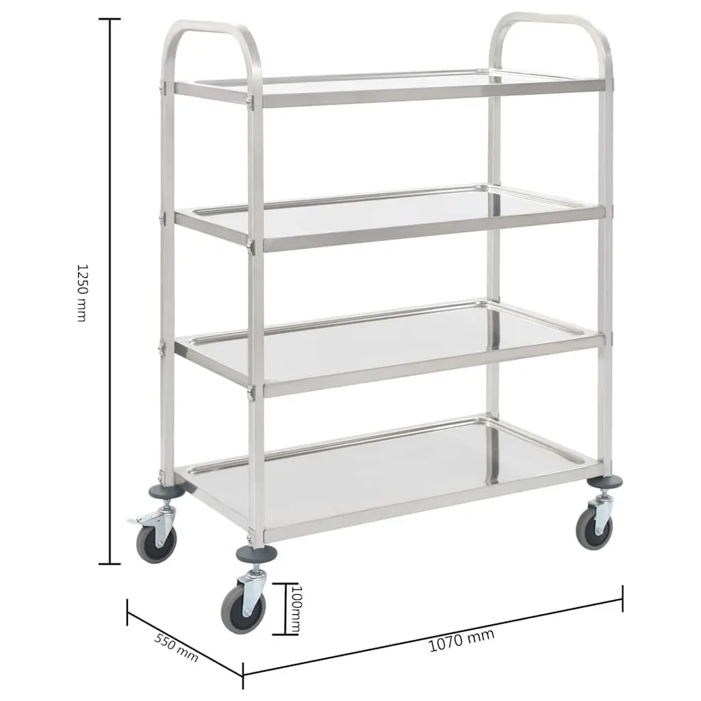 4-Tier Kitchen Trolley Serving Cart Stainless Steel Rolling Storage Shelves 107 x 55 x 125 cm