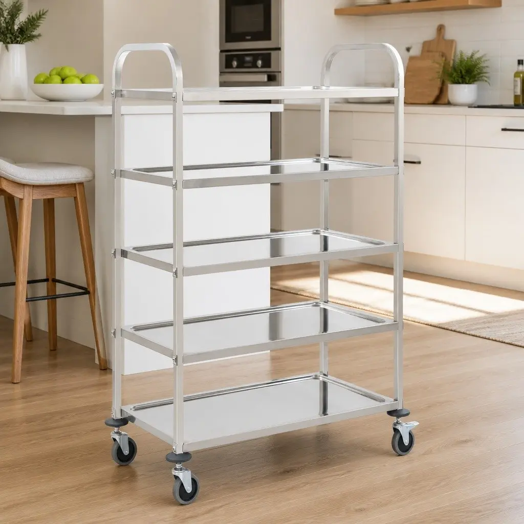 5-Tier Kitchen Trolley for Kitchen Silver Stainless Steel Frame Rolling Serving Cart