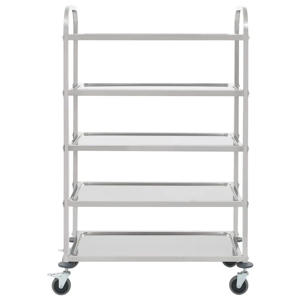 5-Tier Kitchen Trolley for Kitchen Silver Stainless Steel Frame Rolling Serving Cart