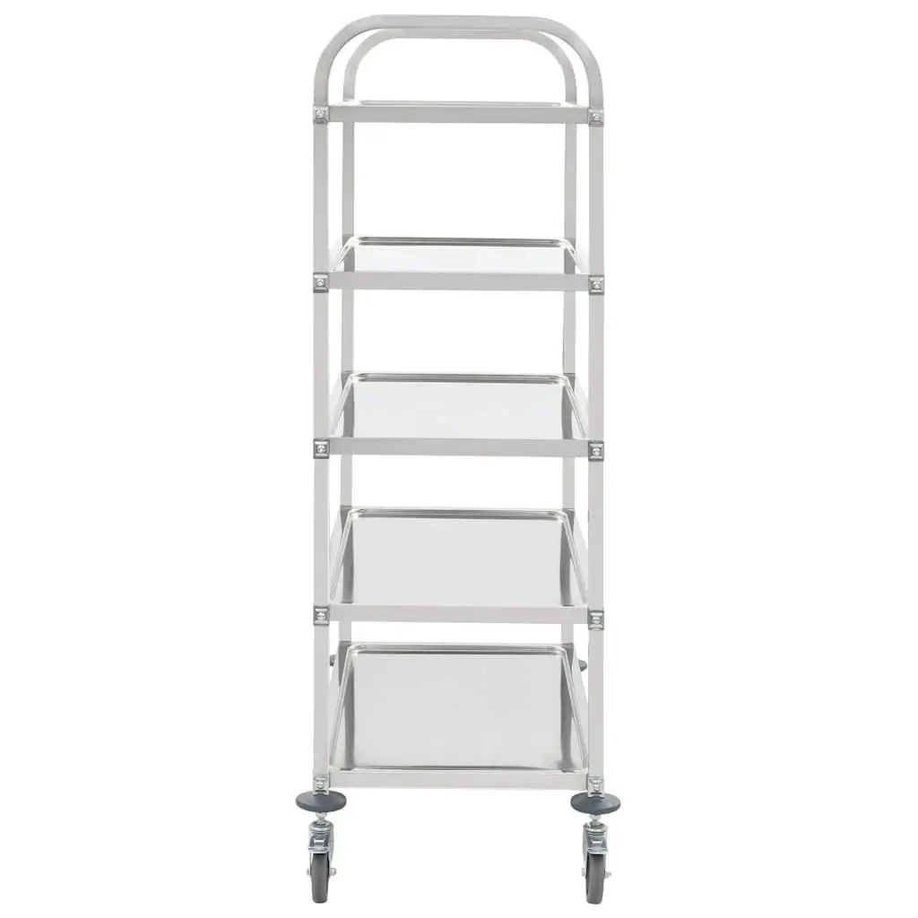 5-Tier Kitchen Trolley for Kitchen Silver Stainless Steel Frame Rolling Serving Cart