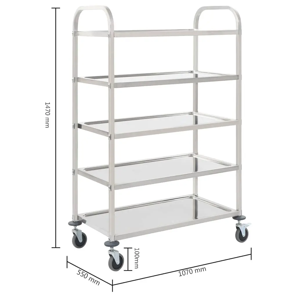 5-Tier Kitchen Trolley for Kitchen Silver Stainless Steel Frame Rolling Serving Cart