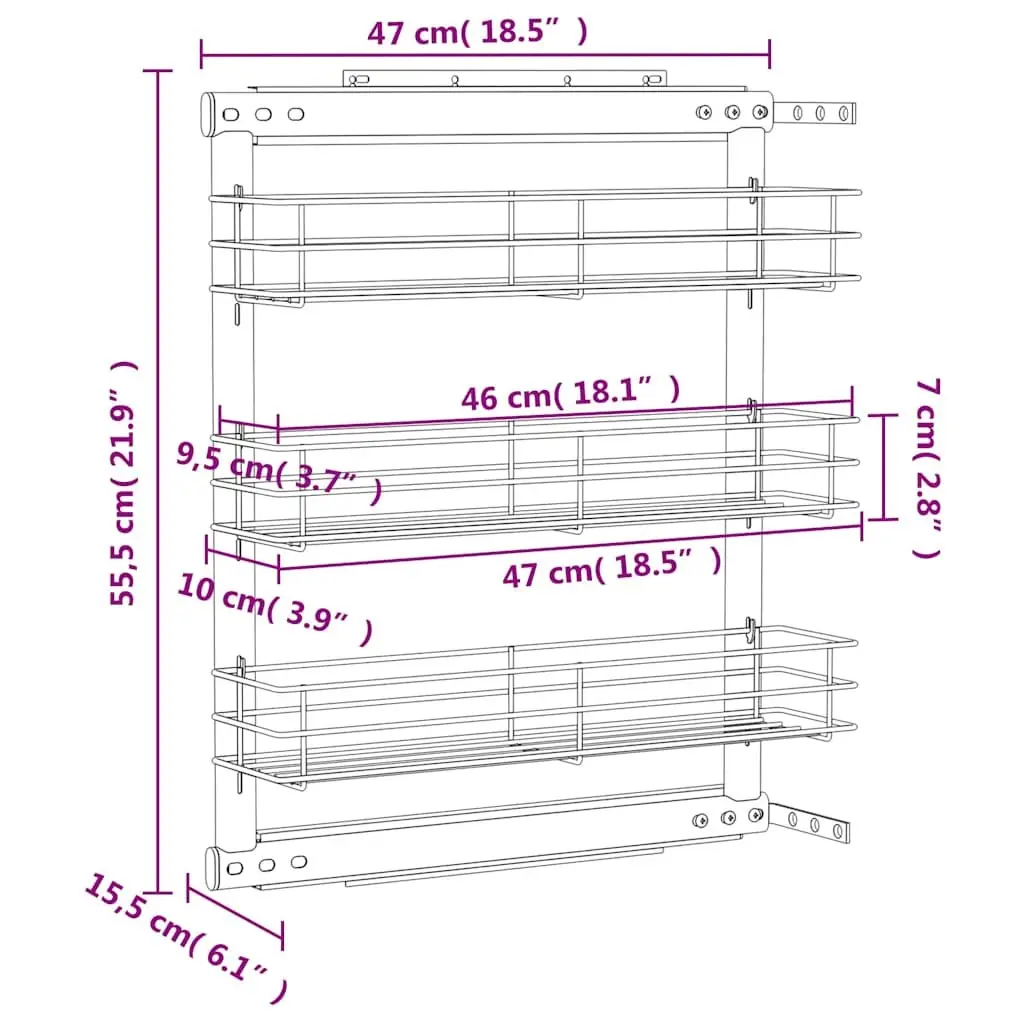 3 Tier Kitchen Wire Basket Storage Organiser Silver for Cupboards 47x15.5x55.5cm