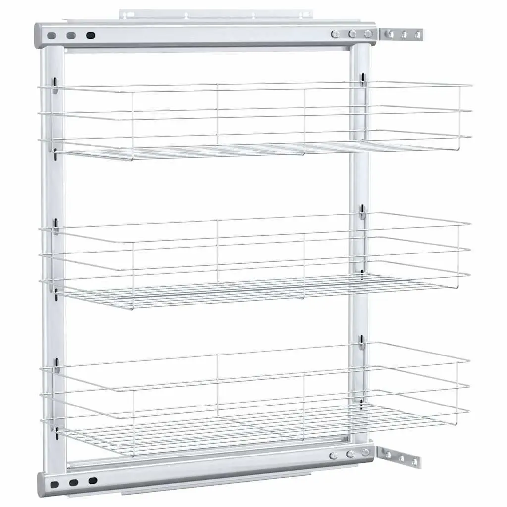 3-Tier Pull-Out Kitchen Wire Basket Storage Organiser Cupboard Shelf Rack Silver