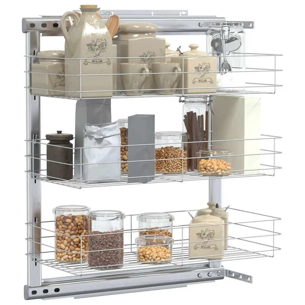 3-Tier Pull-Out Kitchen Wire Basket Storage Organiser Cupboard Shelf Rack Silver