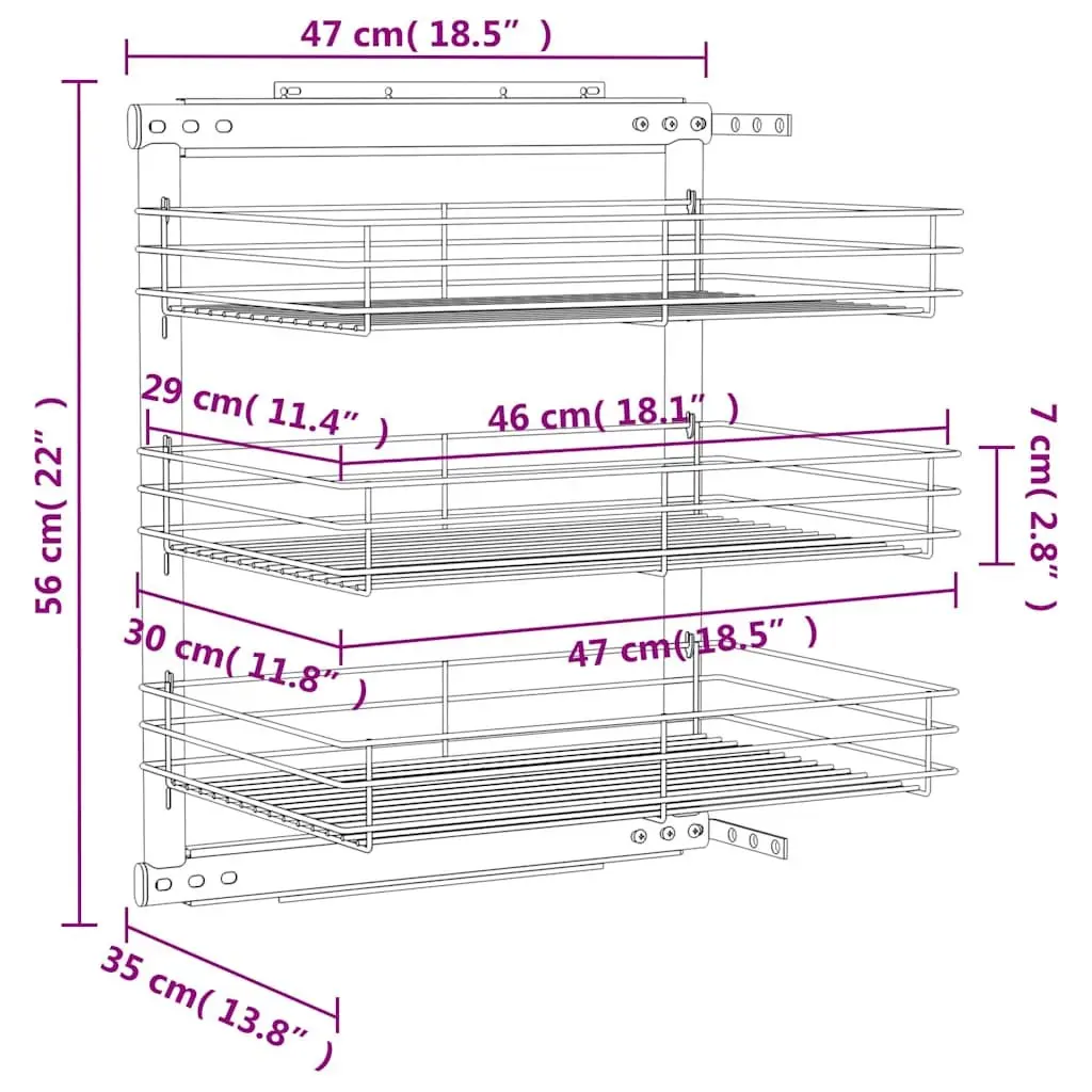 3-Tier Pull-out Kitchen Wire Basket Storage Organiser Cupboard 47 x 35 x 56 cm
