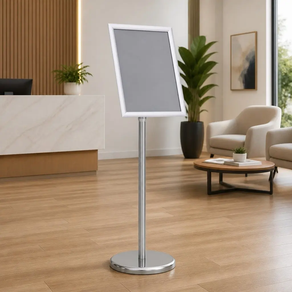A4 Pedestal Poster Stand Silver Floor Display Stand Retail Presentation Sign