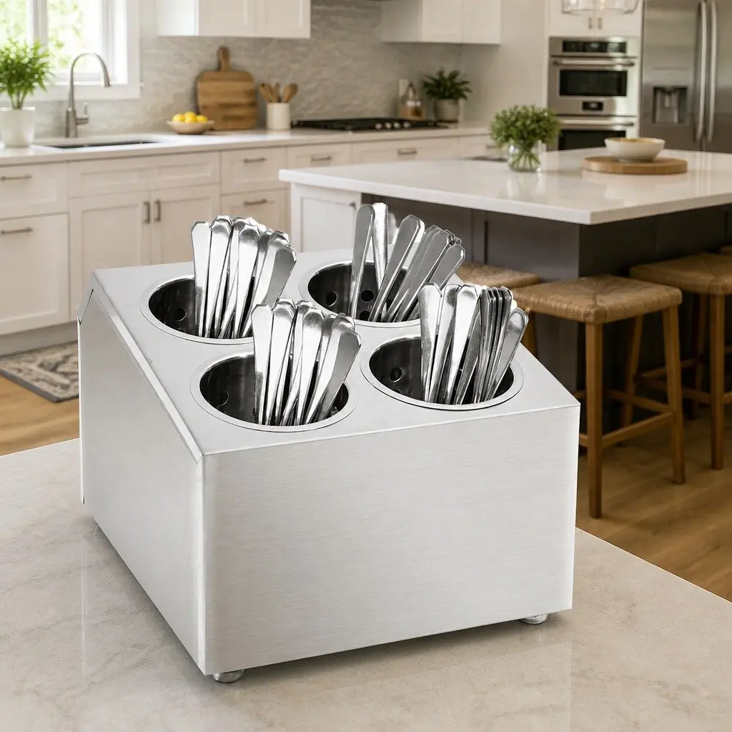 Cutlery Holder 4 Grids Square Stainless Steel Kitchen Utensil Caddy Organiser