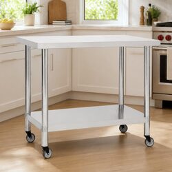 Stainless Steel Kitchen Work Table with Wheels Mobile Prep Worktable Commercial