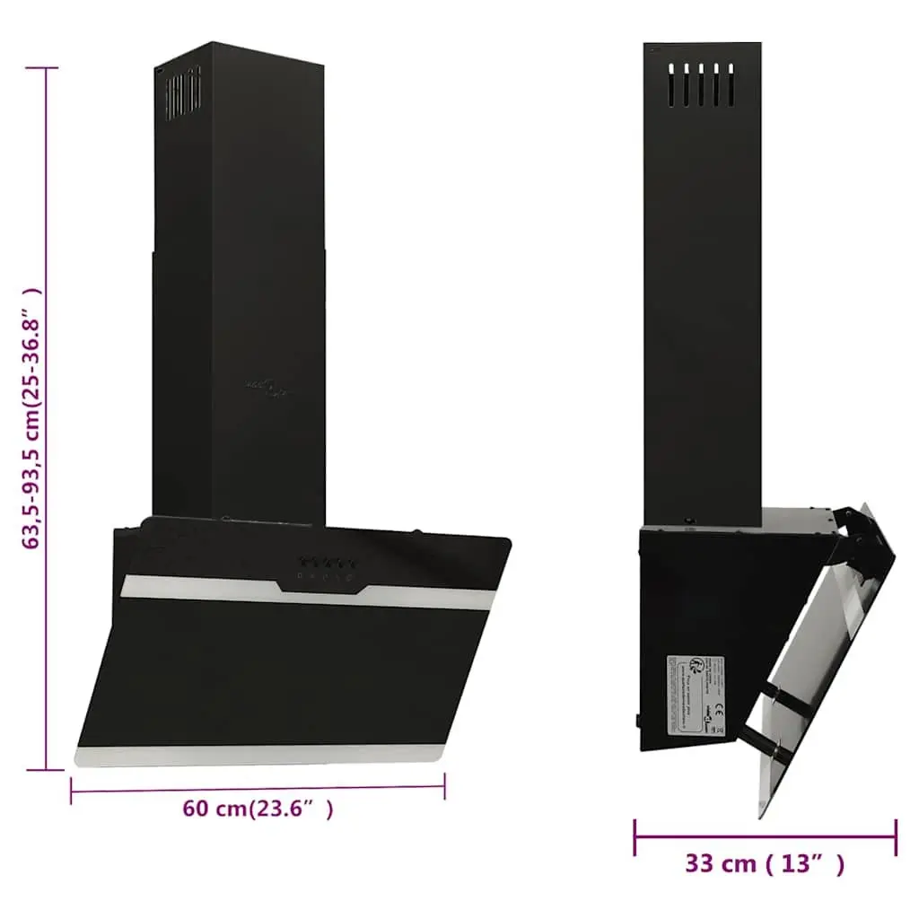Wall Range Hood 60cm Kitchen Extractor Cooker Hood Black Tempered Glass