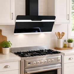 Wall Range Hood 90cm Kitchen Extractor Black Tempered Glass LED Lamp 297m³/h