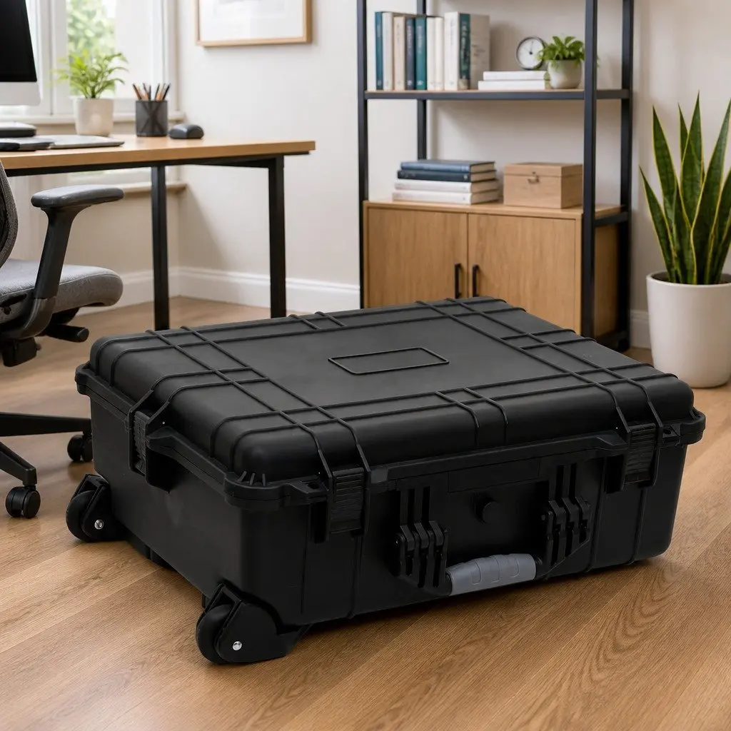 Hard Shell Flight Case Black Luggage Portable Travel 63x50x23cm Wheeled Lockable Handle