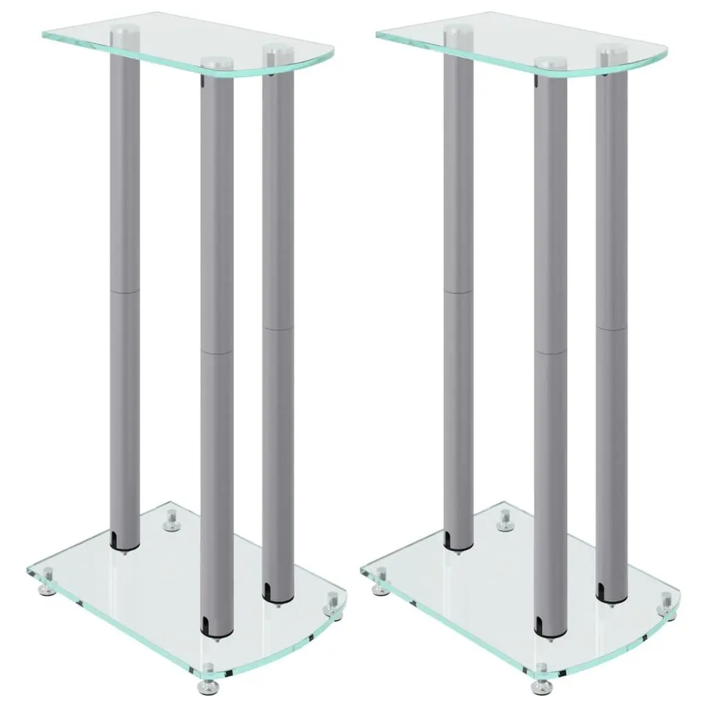 Speaker Stands Pair Silver Tempered Glass 3 Pillar Design Audio Stand Mount