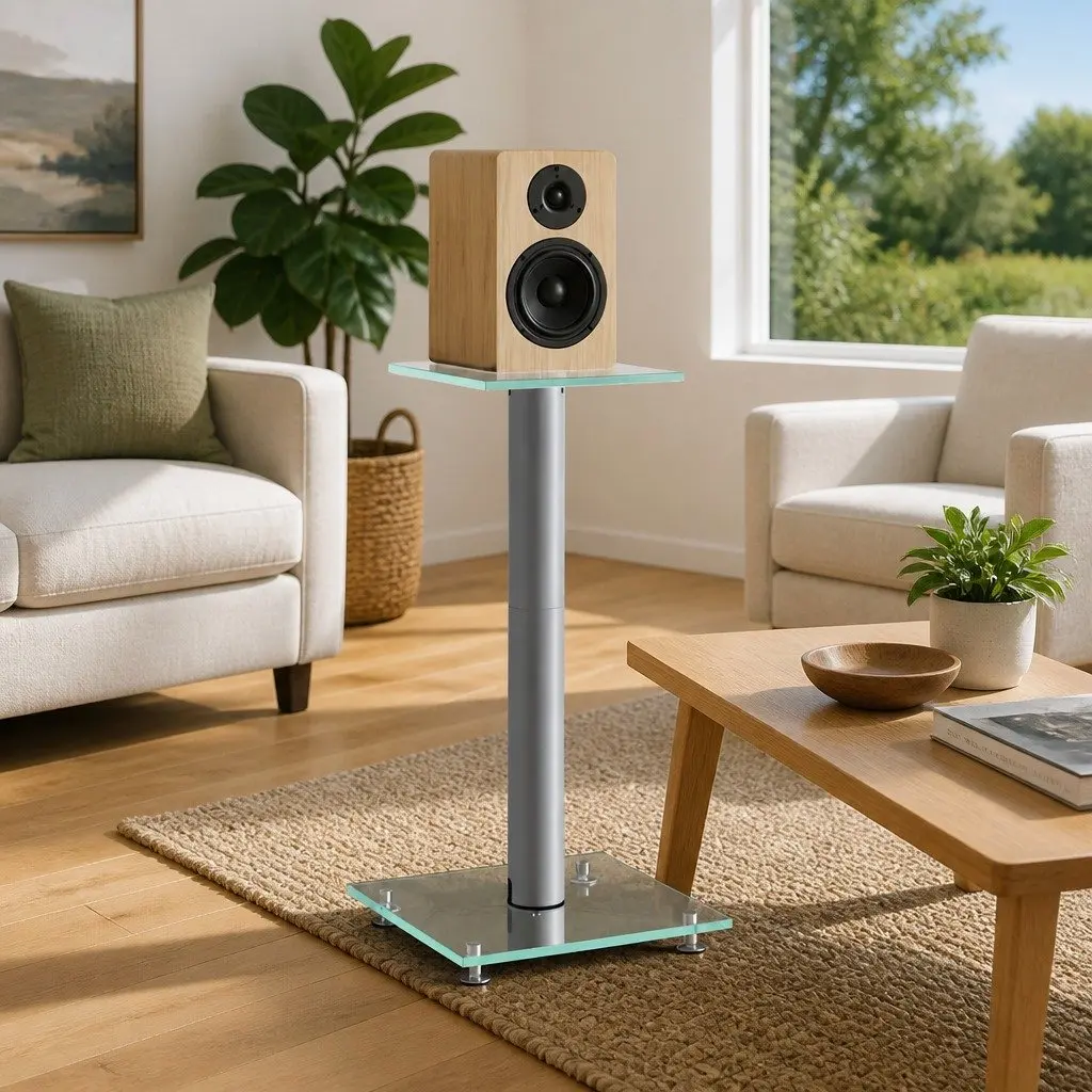 Silver Speaker Stands Pair with Glass Top
