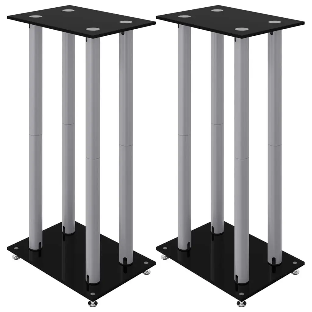 Speaker Stands Pair Black Tempered Glass 4 Pillars Home Studio