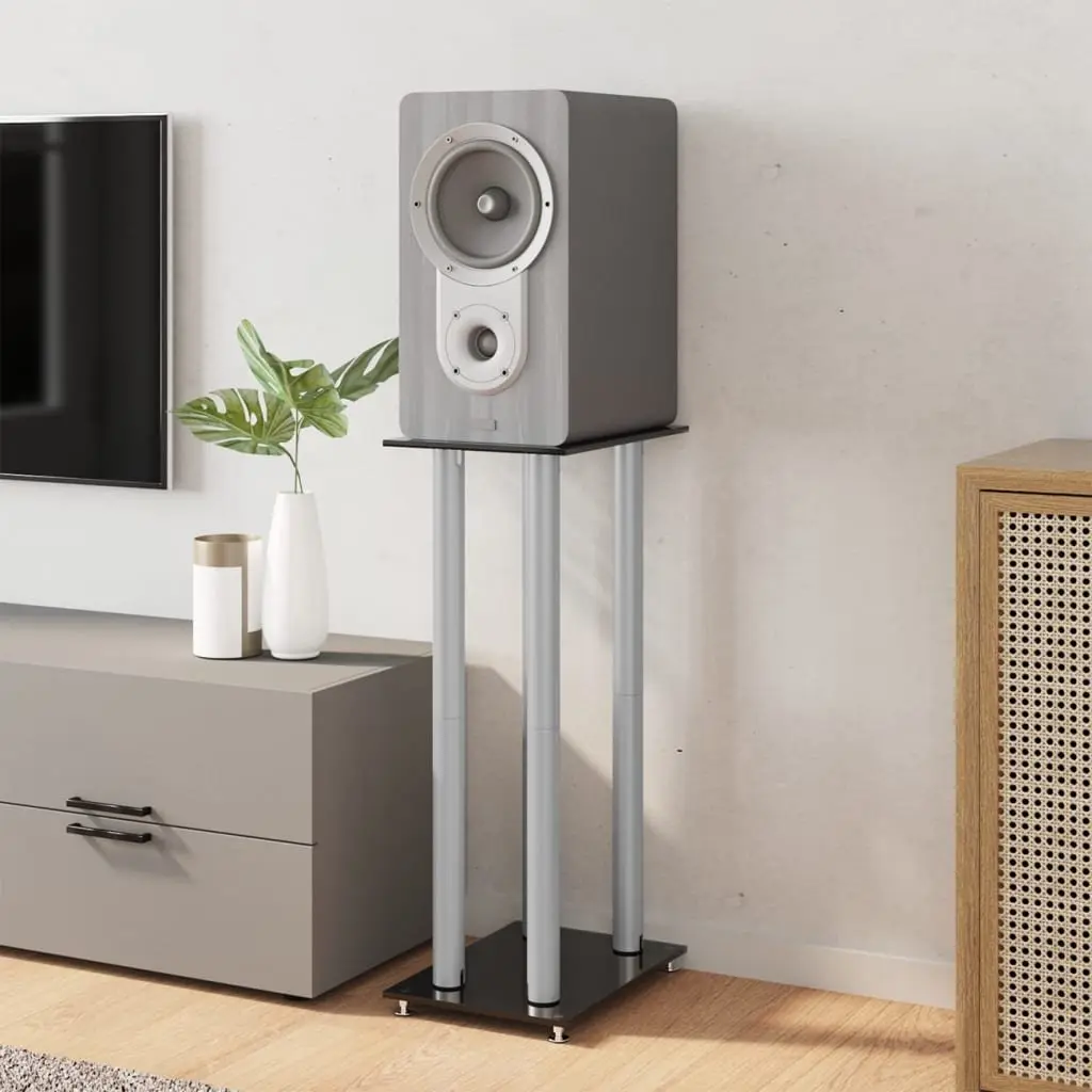 Speaker Stands Pair Black Tempered Glass 4 Pillars Home Studio
