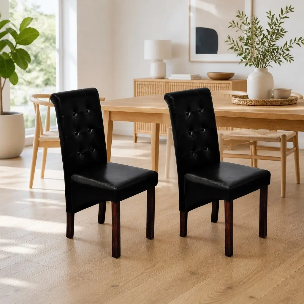 Dining Chairs Kitchen Room 2 Piece Black Padded Seats Backrests