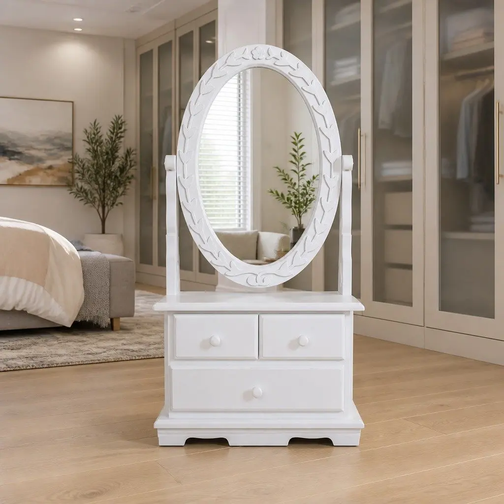 Dressing Table for Bedroom with Oval Mirror and Drawers White Finish