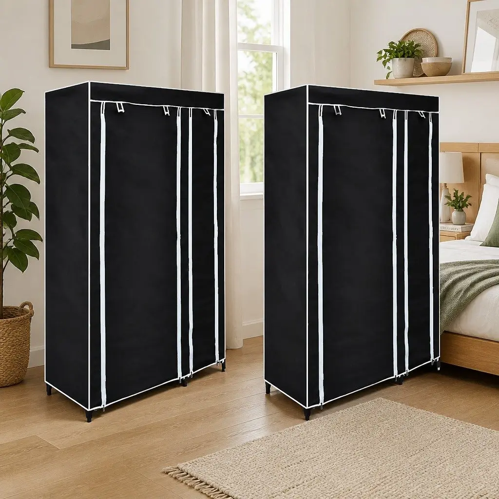 2-Piece Black Folding Wardrobe with Steel Frame