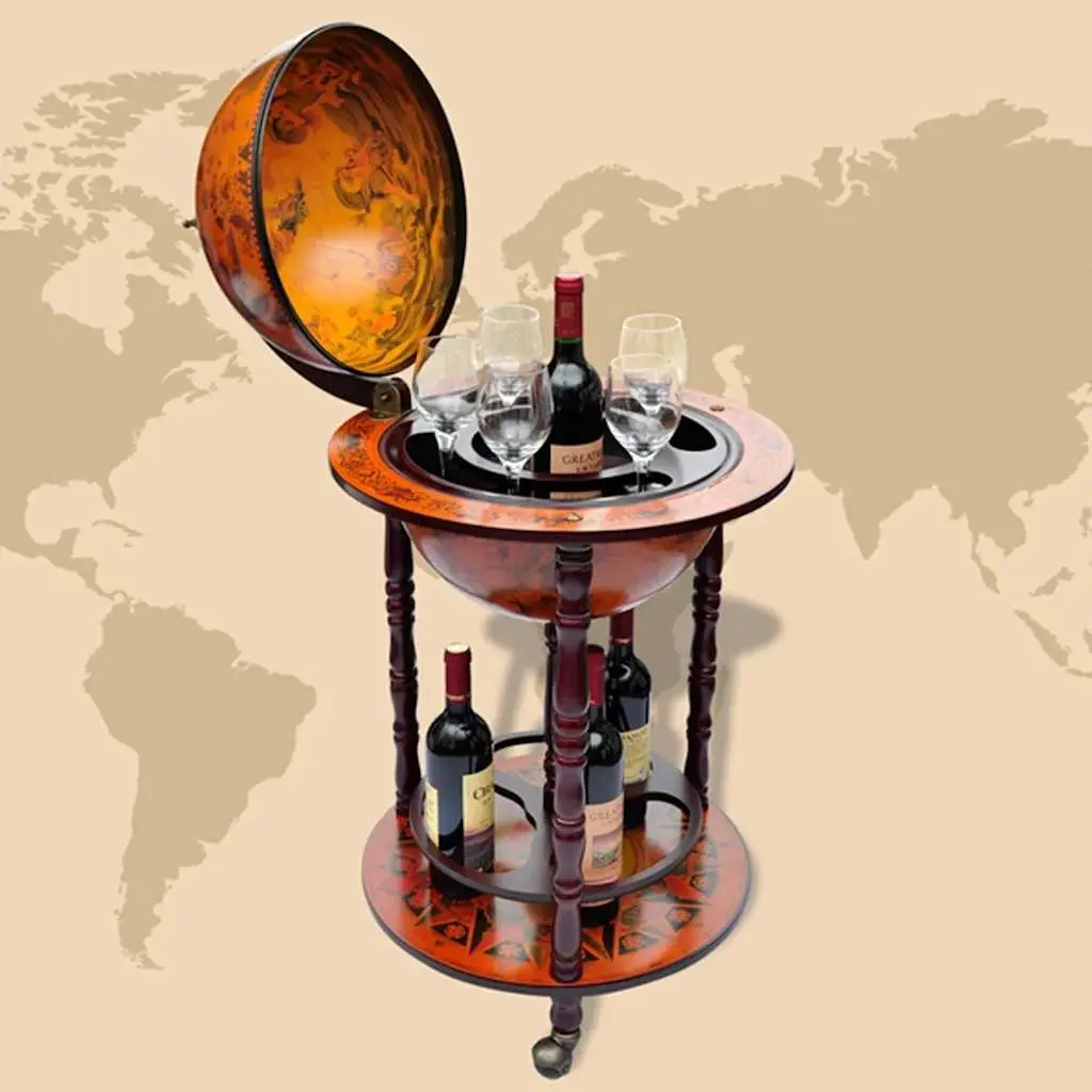 Wooden Globe Bar Wine Stand Storage Cabinet with Bottle Glass Holders on Wheels