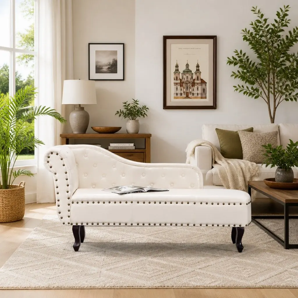 Cream White Faux Leather Chaise Longue