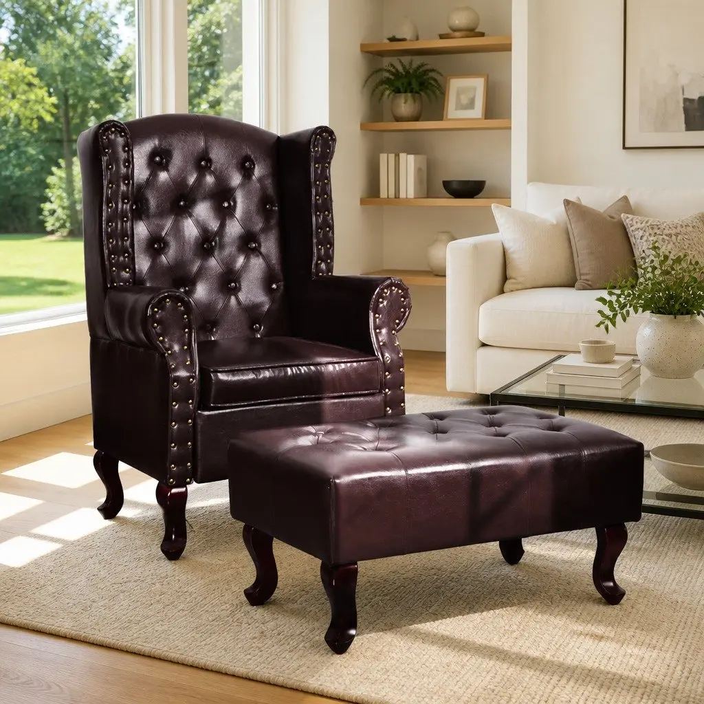 Chesterfield Armchair with Footstool Dark Brown Faux Leather Buttoned Accent