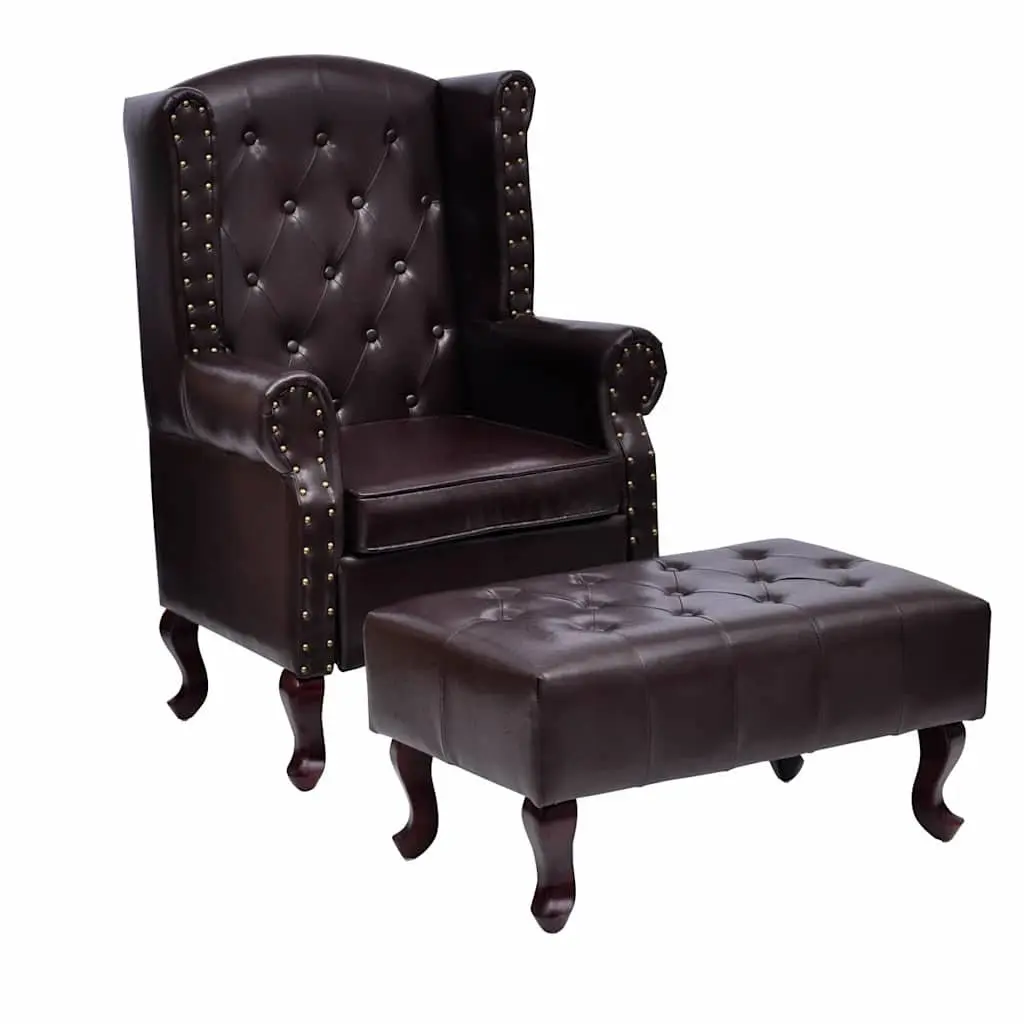 Chesterfield Armchair with Footstool Dark Brown Faux Leather Buttoned Accent