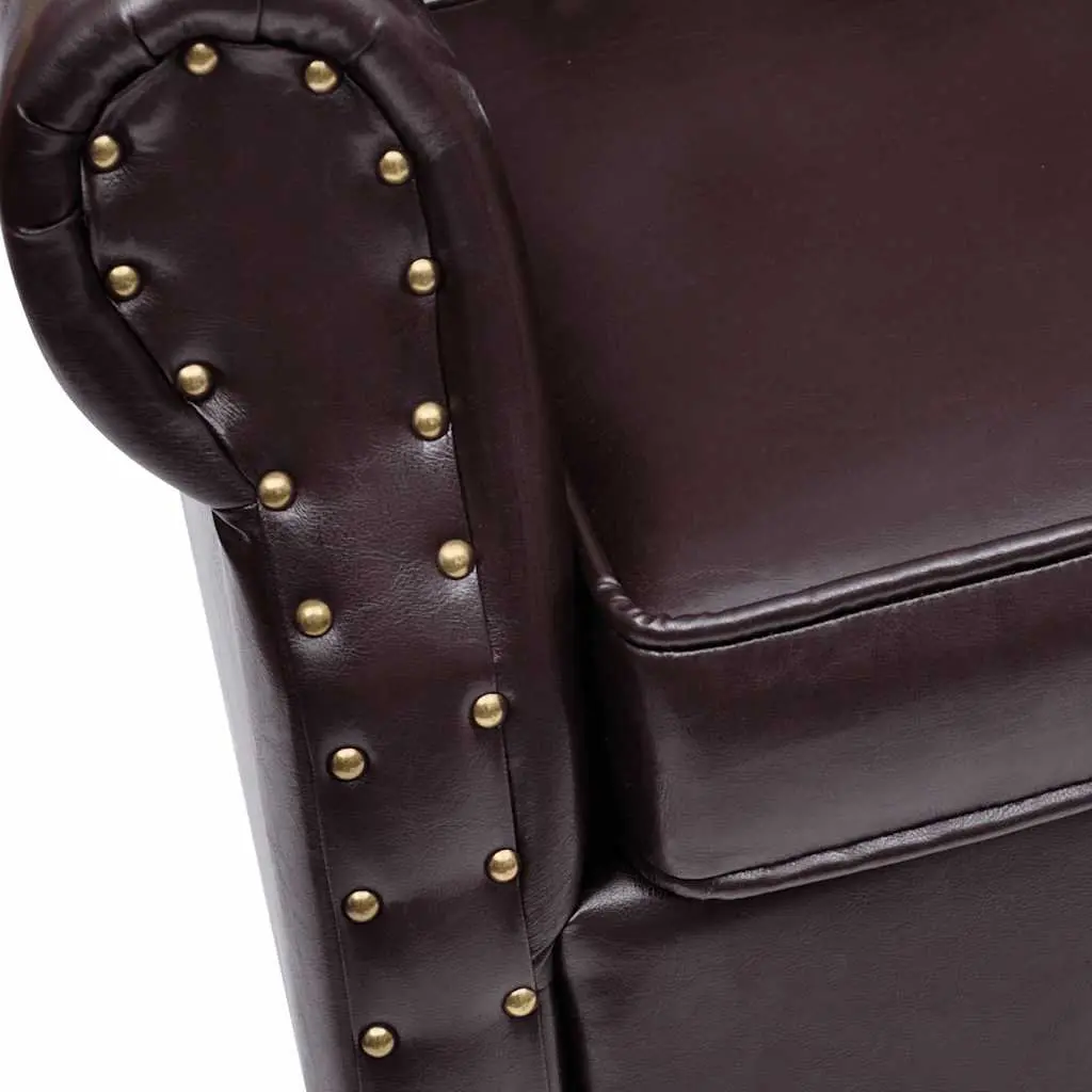 Chesterfield Armchair with Footstool Dark Brown Faux Leather Buttoned Accent