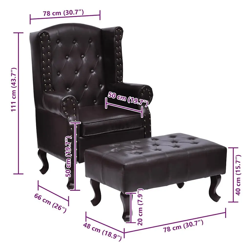 Chesterfield Armchair with Footstool Dark Brown Faux Leather Buttoned Accent