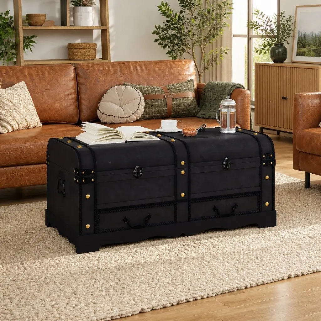 Wooden Storage Chest for Home Black Vintage Coffee Table Size