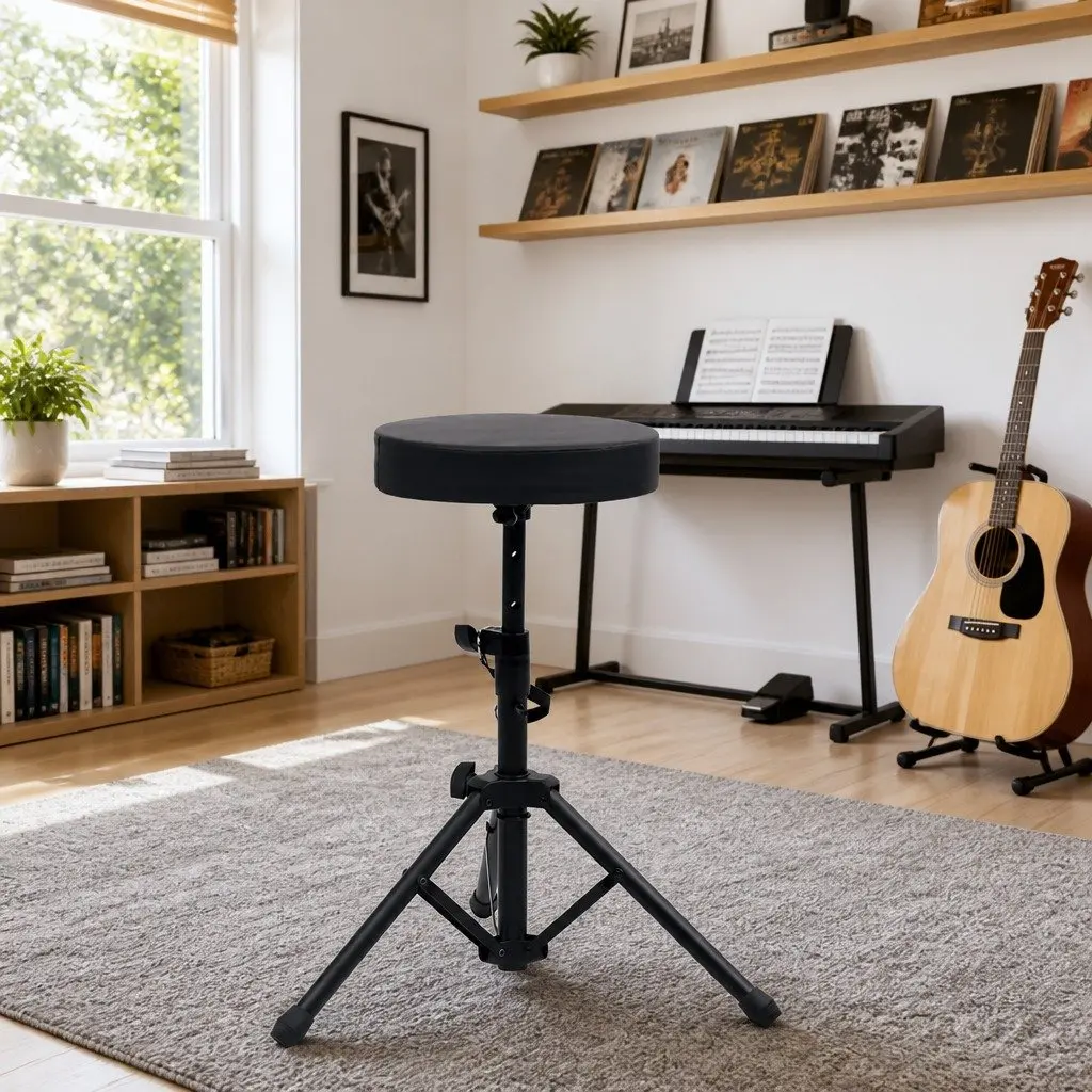 Adjustable Drum Stool Round Black Padded Tripod Legs Foldable Music Throne