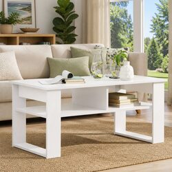 White Coffee Table Specs: 96x54x44cm with Storage Shelves