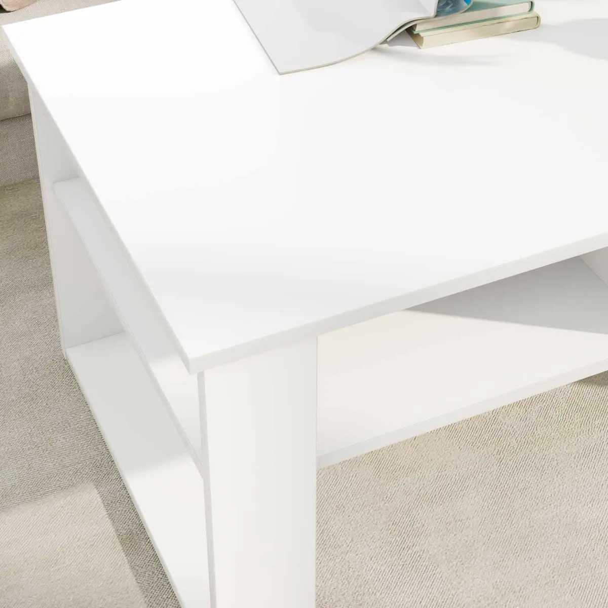 White Coffee Table with Storage Shelves Modern Living Room Furniture 96x54x44cm
