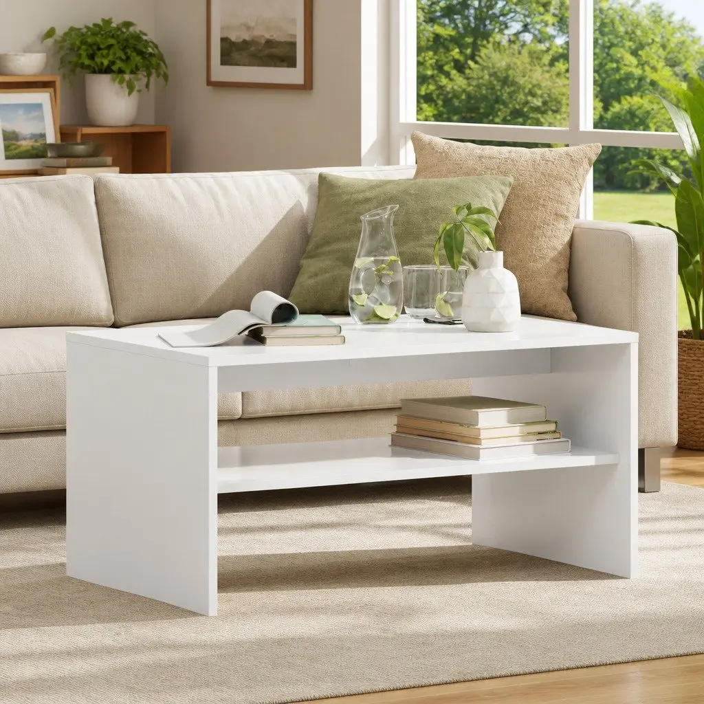 Rectangular White Coffee Table with Engineered Wood Build