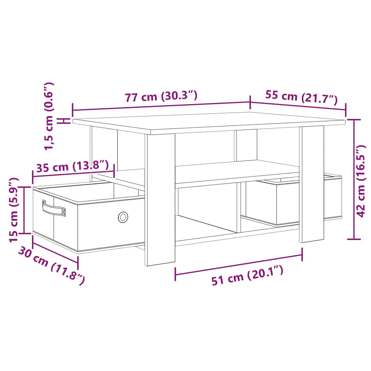 Coffee Table Black Living Room 77 x 55 x 42 cm Engineered Wood Storage Drawers