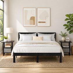 Bedside Table 2 pcs Black Modern Bedroom Furniture Nightstand Storage Drawer