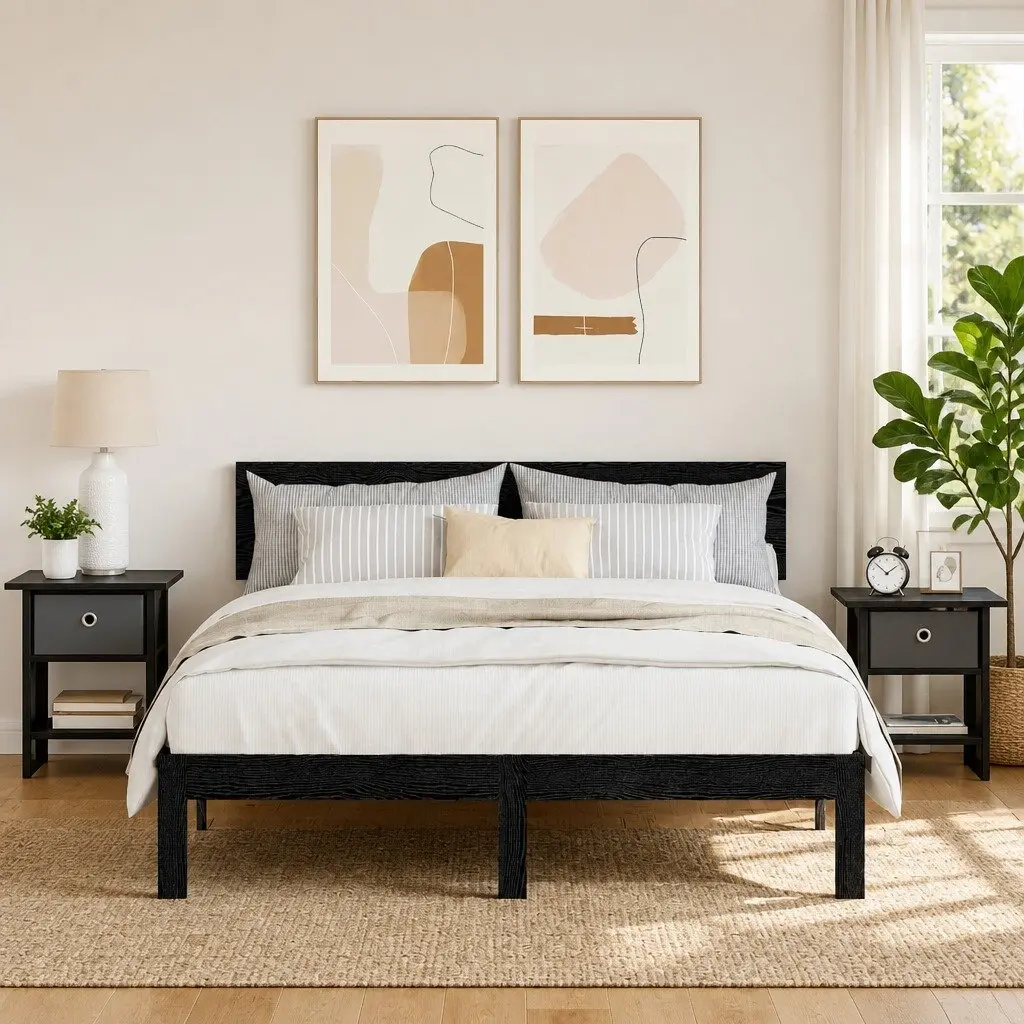 Bedside Table 2 pcs Black Modern Design Compact Bedroom Storage Nightstand