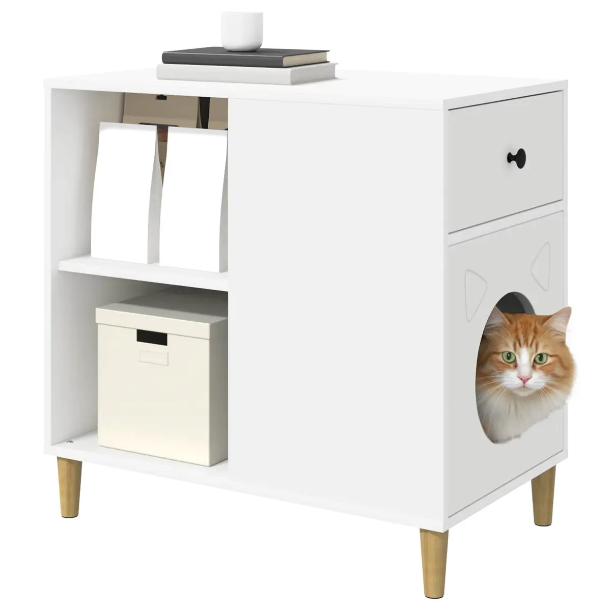 Cat House White Modern Indoor Pet Furniture Engineered Wood Hideaway Shelter