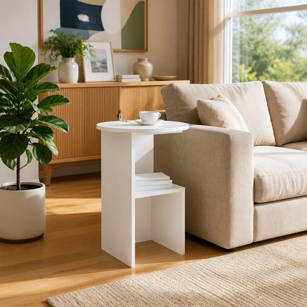 Side Table White Modern Accent Coffee Table Living Room Bedroom 39.5 x 55 cm