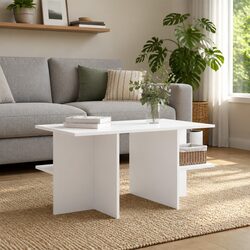 Coffee Table White Modern Living Room Accent Furniture with Open Storage Shelves