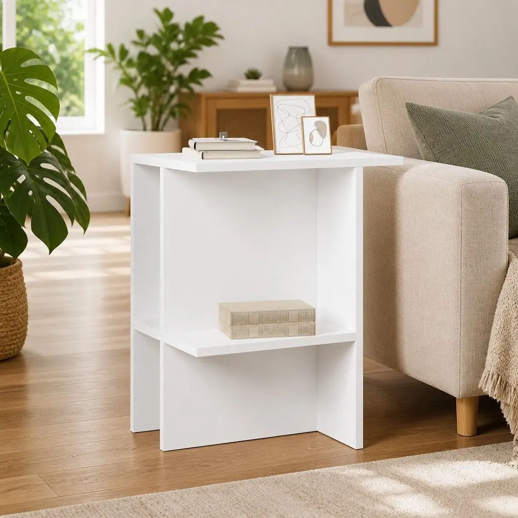 Coffee Table White Modern Living Room Furniture with Storage Shelves Accent