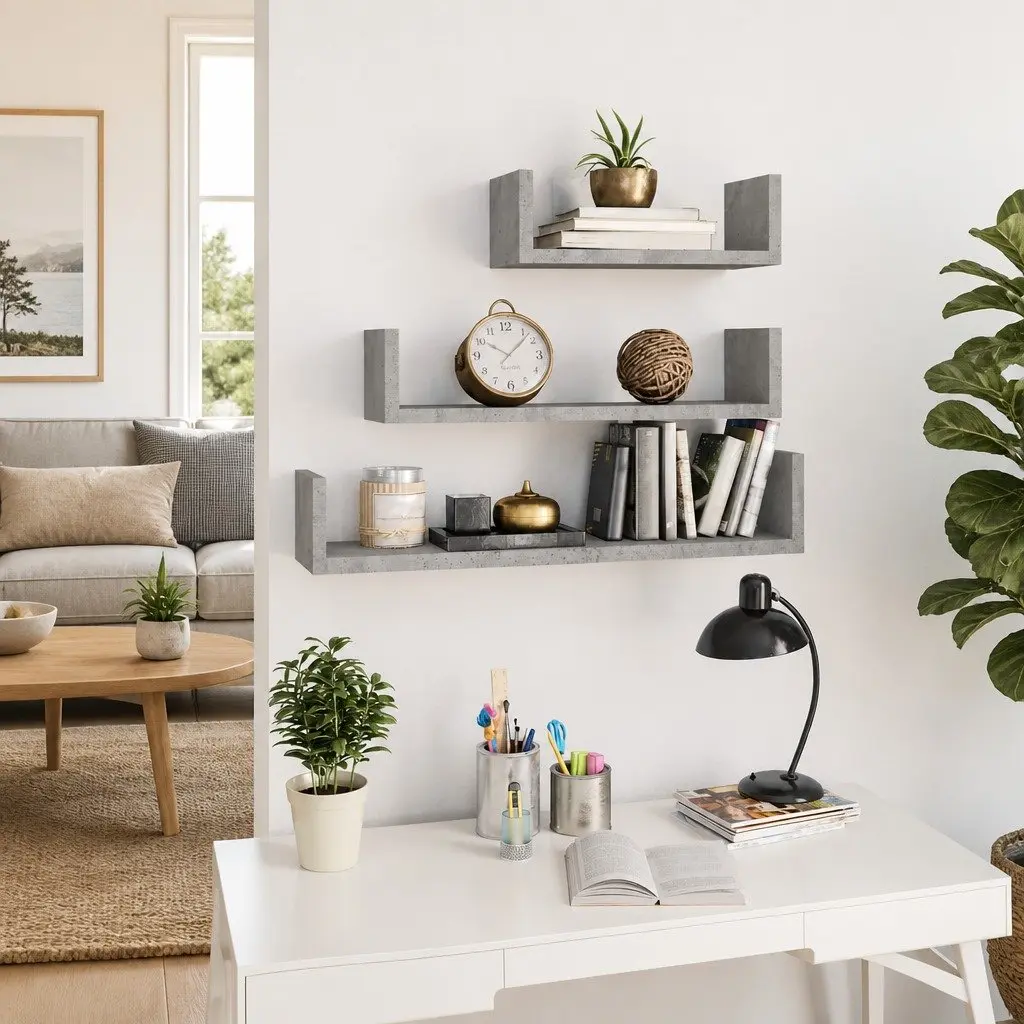 Wall Display Shelf Set 3 Pieces Grey Engineered Wood U-Shaped Storage Shelves