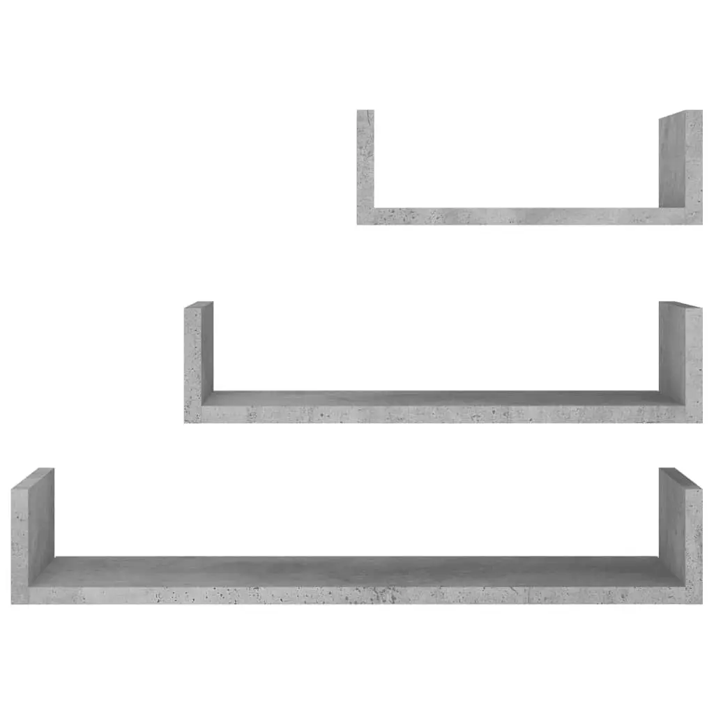 Wall Display Shelf Set 3 Pieces Grey Engineered Wood U-Shaped Storage Shelves