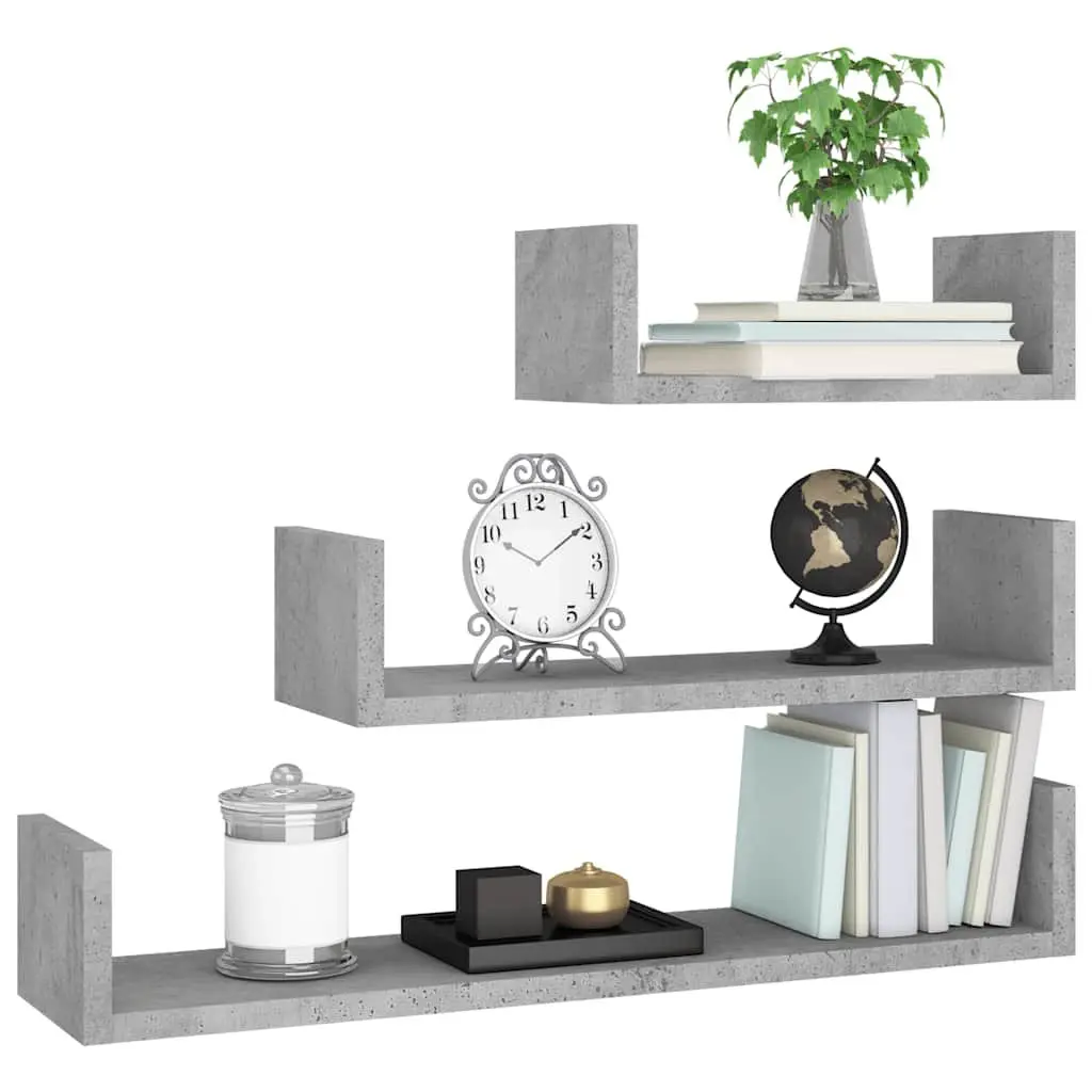 Wall Display Shelf Set 3 Pieces Grey Engineered Wood U-Shaped Storage Shelves