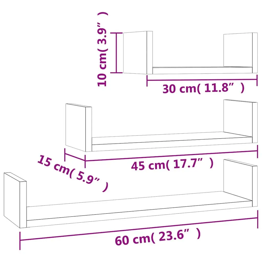 Wall Display Shelf Set 3 Pieces Grey Engineered Wood U-Shaped Storage Shelves