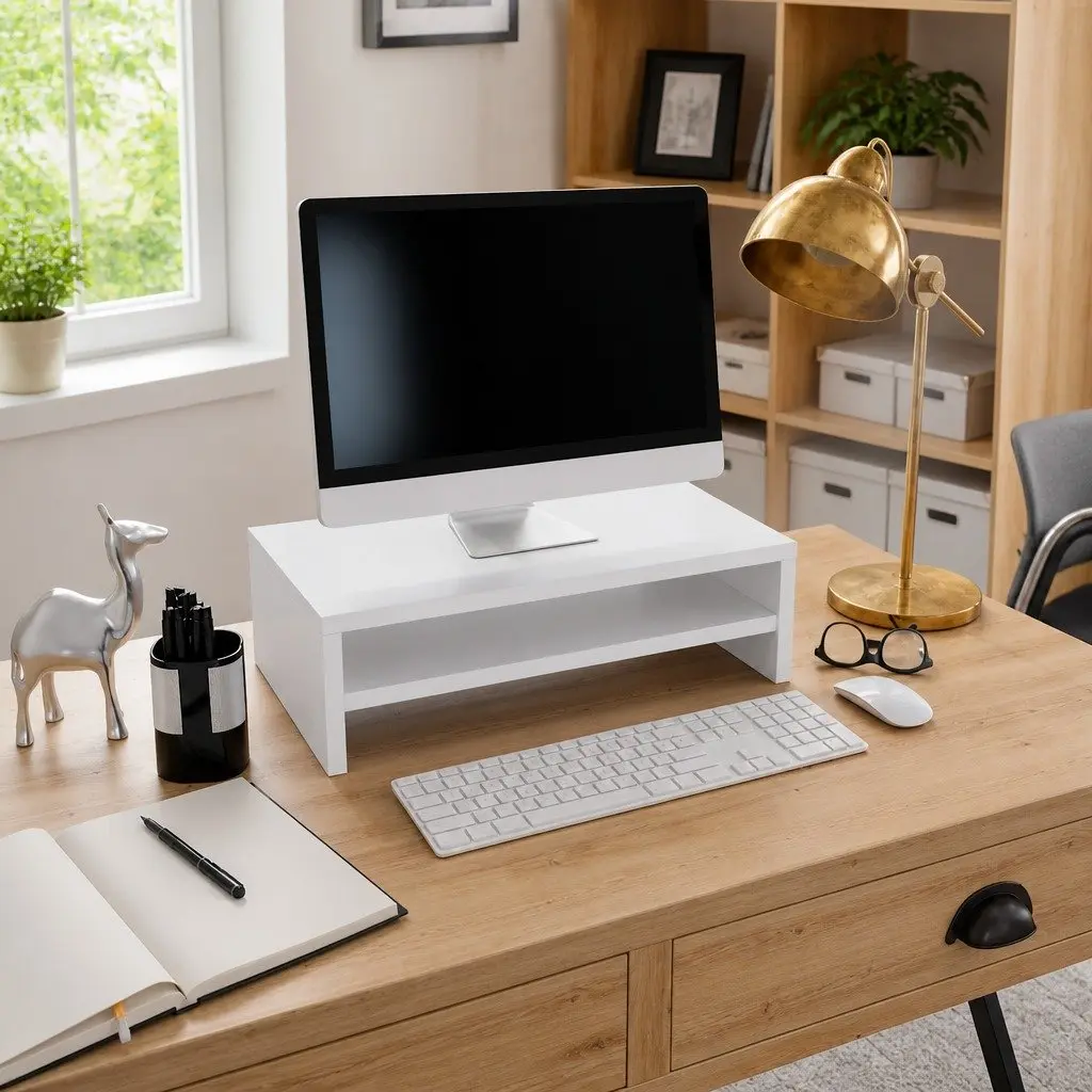 Monitor Stand Riser for Desktop Use White Engineered Wood Size 42 x 24 x 13 cm
