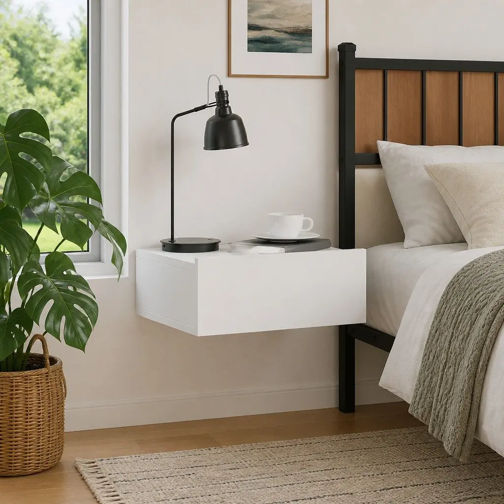 Floating Bedside Table White Wall-Mounted Nightstand Storage Drawer Compact