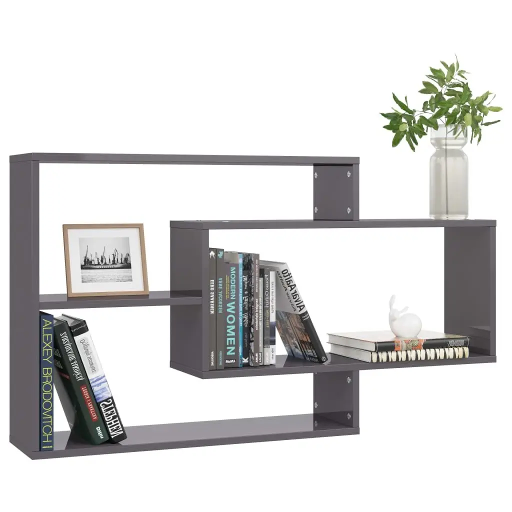 Wall Shelves Grey High Gloss Storage Display Unit Open Compartments Home Office