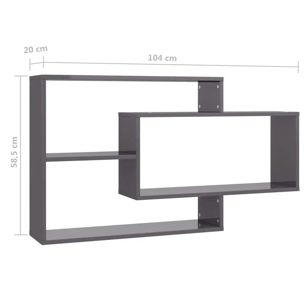 Wall Shelves Grey High Gloss Storage Display Unit Open Compartments Home Office
