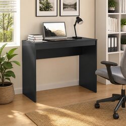 Desk Dimensions and Materials: Black Engineered Wood Workstation