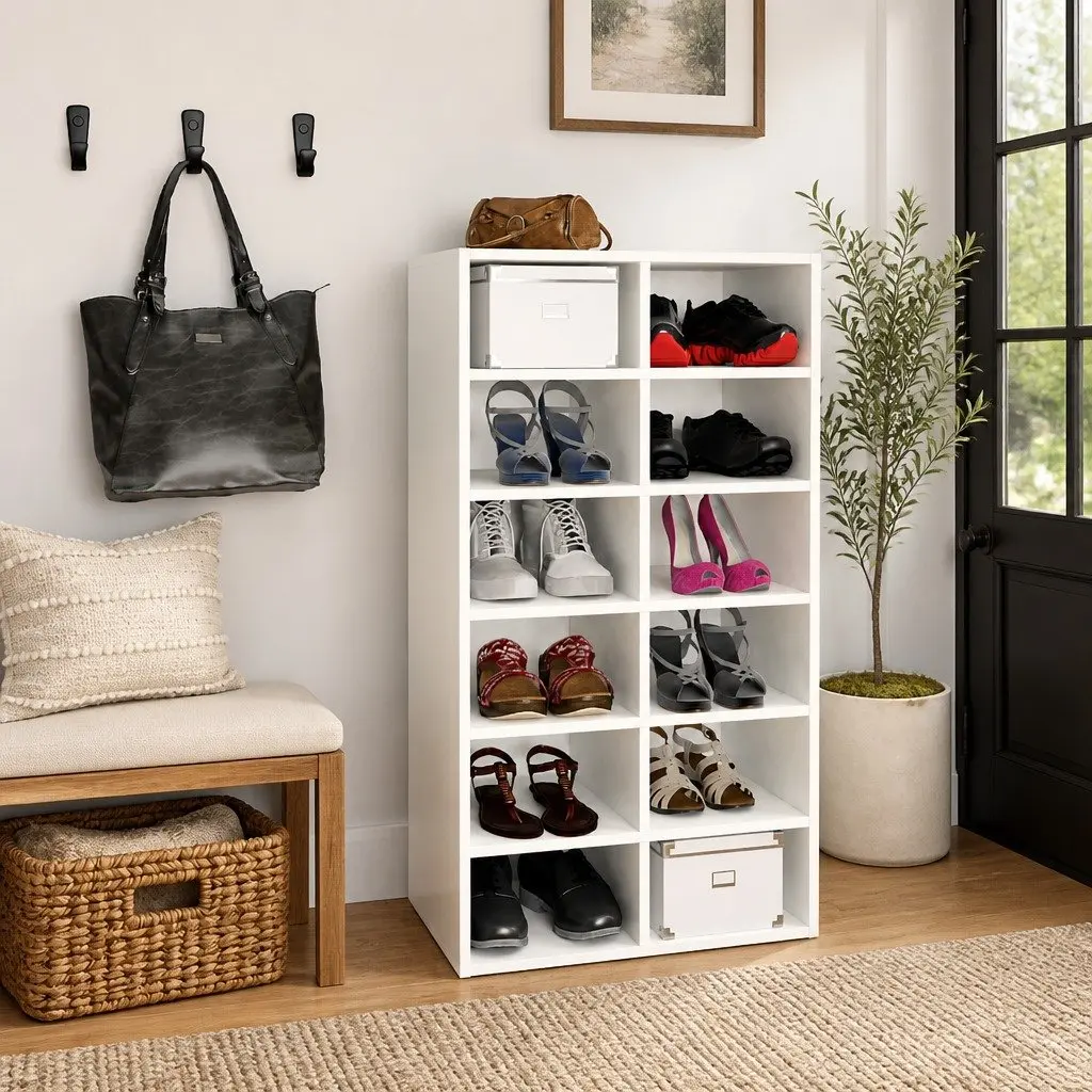 Shoe Rack White 12 Compartment Storage Unit Organiser for Home 54 x 34 x 100.5 cm